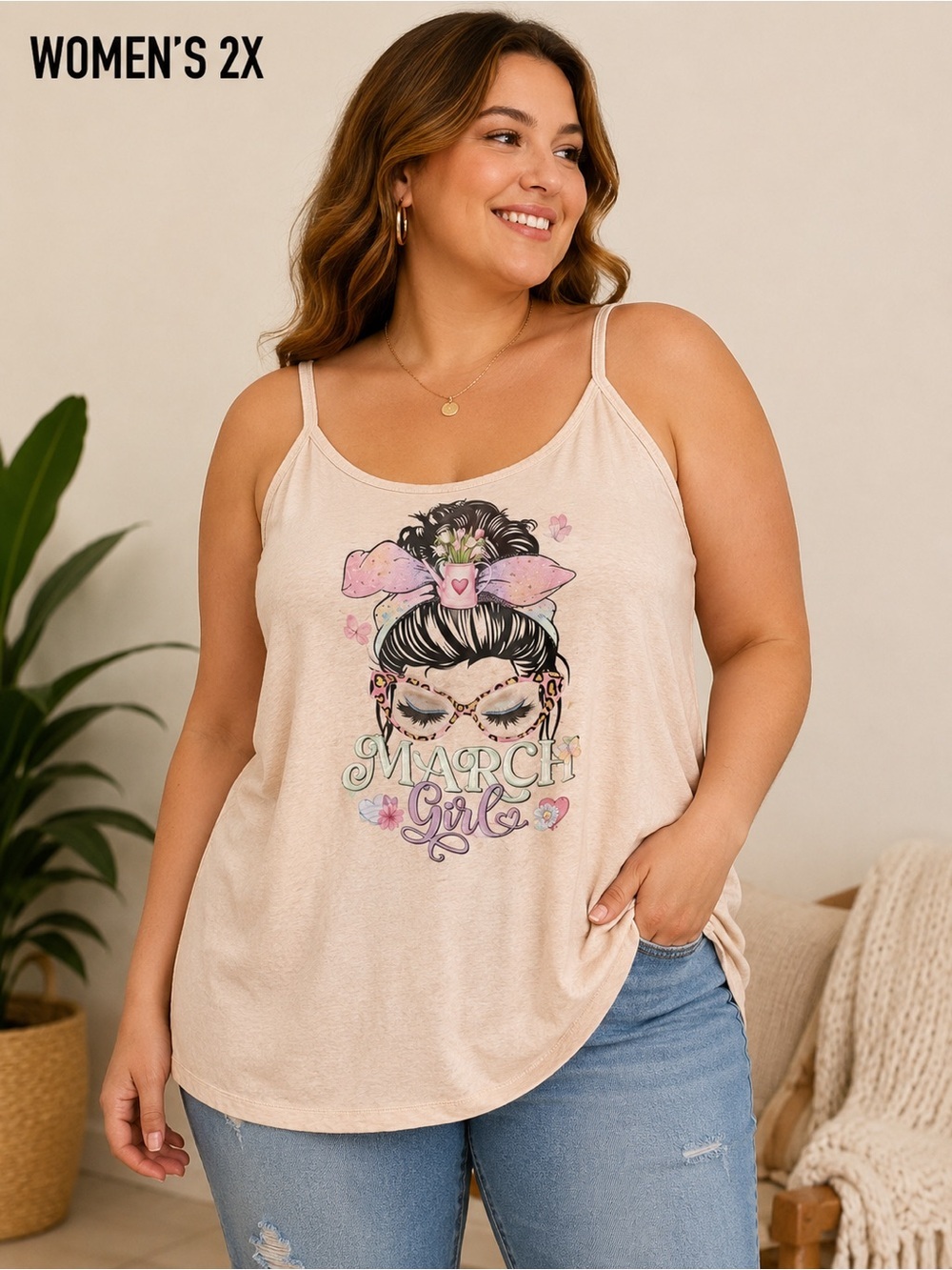 March Girl Cream Graphic Cami Tank Top 2X tiny discolor see pic